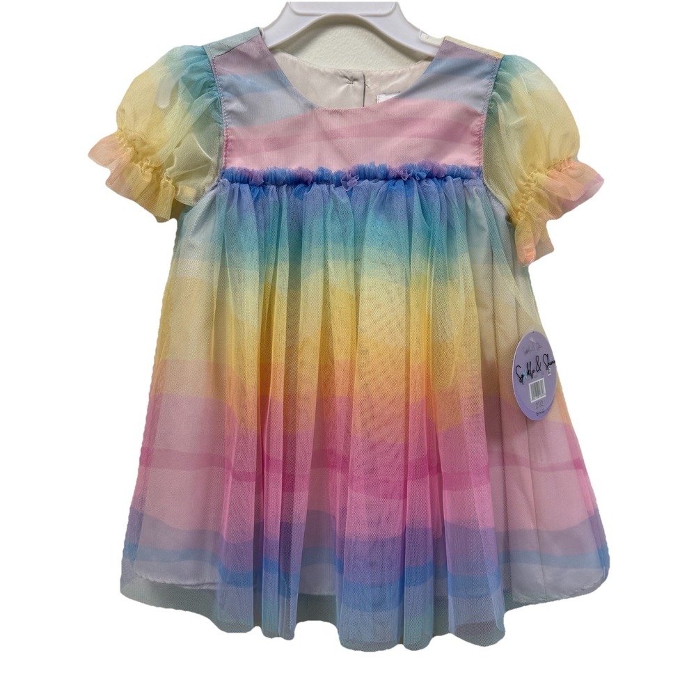 Sparkle & Shine Rainbow Tulle Dress Girls Size 2T Pastel Puff Sleeve NWT